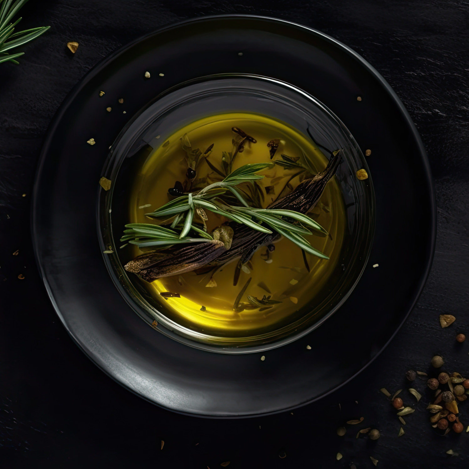 olio extravergine di oliva in ciotola scura con foglie aromatiche