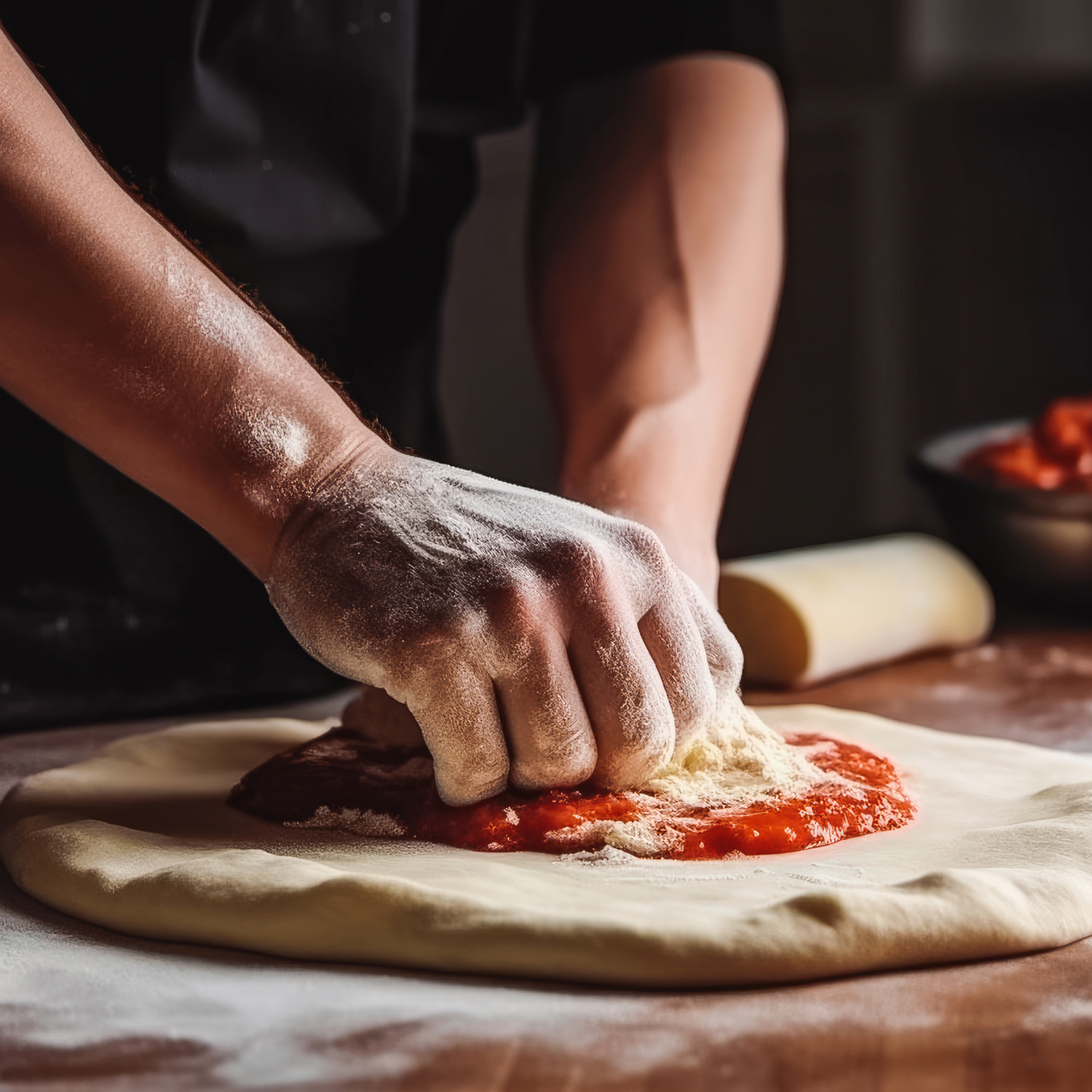 mani che preparano una pizza stendendo impasto e salsa